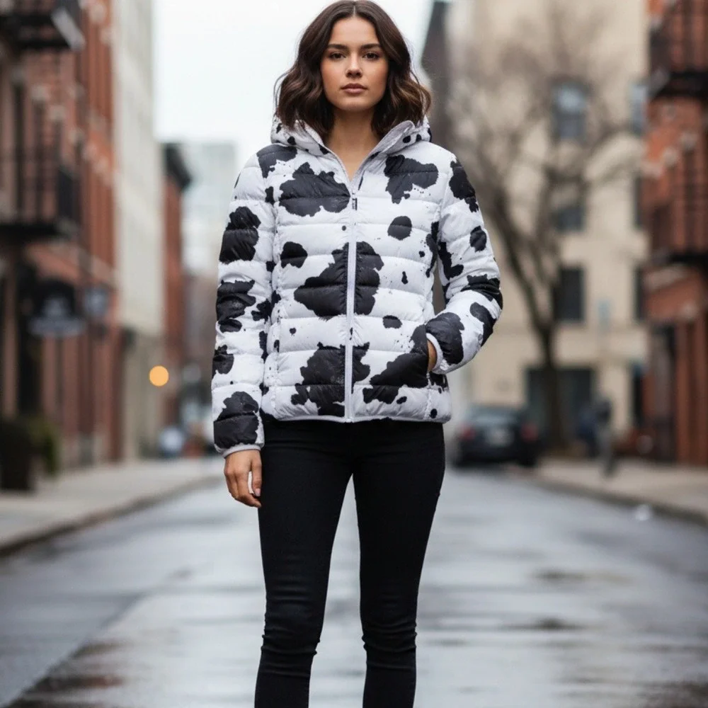 Southern Couture Cow Print Packable Lightweight Puffy Jacket Small NWT